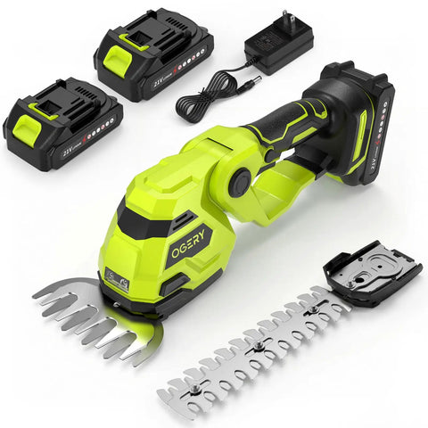 Two In One Cordless Hedge Trimmer And Grass Shears For Quick Yard Jobs With Dual Batteries, 8.9 Inch Hedge Blade, charger visible