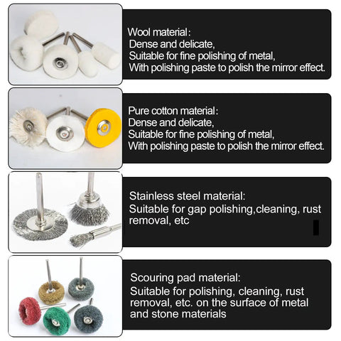 150-Piece Polishing Buffing Wheel Set For Rotary Tool With 3mm Shank showing assorted material types for various surface work