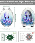 Kids Elongated Toilet Seat Ocean Themed with size guide and measurements, cartoon octopus design on a clear seat.