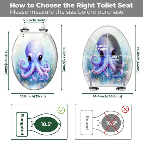 Kids Elongated Toilet Seat Ocean Themed with size guide and measurements, cartoon octopus design on a clear seat.