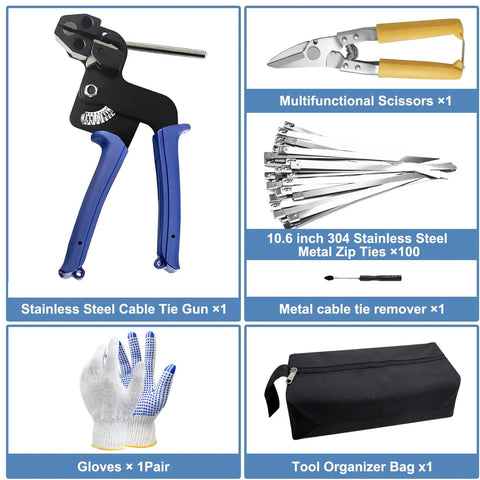 Heavy Duty Stainless Zip Tie Gun Kit With 100 Self Locking Cable Ties For Outdoor, Automotive And Industrial Projects, Durable Adjustable Fastening Tool Set In Blue, Includes Industrial Scissors And Extra Accessories