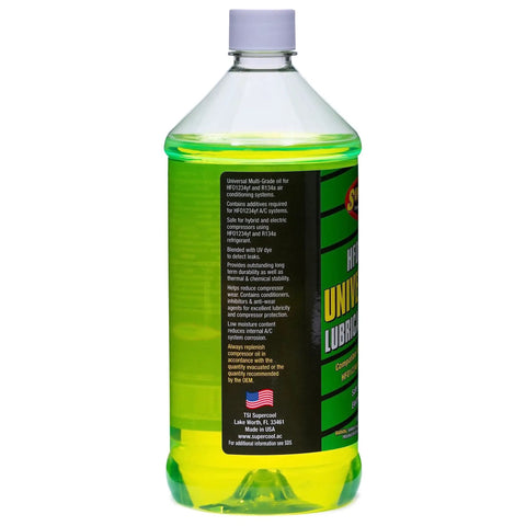 Slick Top Shelf 1234yf Ev Compressor Oil With Integrated UV Dye For Hybrid And Electric AC Systems 68 Kinematic Viscosity bottle with yellow liquid.