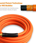 Close-up of 25ft hybrid hose from 22 Piece Air Compressor Accessories Kit With 25 Foot Hybrid Hose, 3 Eighths Inch And One Quarter Inch NPT Quick Connect Fittings, Tire Inflator Gauge, Pro Grade Blow Gun, Swivel Plugs, Nozzles And Inflation Needles For Home Shop Use showing spiral synthetic yarn reinforcement and black fitting.