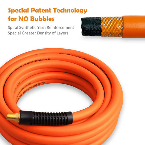 Close-up of 25ft hybrid hose from 22 Piece Air Compressor Accessories Kit With 25 Foot Hybrid Hose, 3 Eighths Inch And One Quarter Inch NPT Quick Connect Fittings, Tire Inflator Gauge, Pro Grade Blow Gun, Swivel Plugs, Nozzles And Inflation Needles For Home Shop Use showing spiral synthetic yarn reinforcement and black fitting.