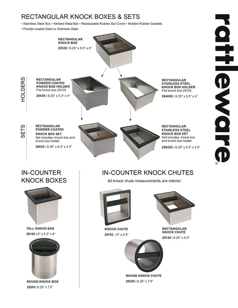 Stainless Steel Espresso Knock Box Heavy Duty Puck Disposal Bin With Welded Rubber Bar For Coffee Bars Cafes Restaurants And Home Use Pro Grade Durable Kitchen Tool, product line display with multiple rectangular and round knock boxes.