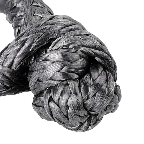 Close-up of braided knot in Four Pack Beefy Synthetic Soft Shackle Rope Set With Protective Sleeve 38,000 Lb Capacity Plus Two Red Recovery Rings 41,000 Lb Fits Three Eighths Inch Or One Half Inch Winch Ropes Ideal For Off Road ATV UTV SUV Boat Marine Farm Industrial Mining