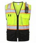 Heavy Duty Ansi Class Two High Visibility Safety Vest With Nine Pockets And Reinforced 360 Degree Reflective Strips front view, mesh material, built for construction work.
