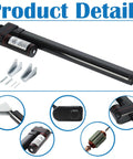 Side view of a black 10-inch electric linear actuator with mounting brackets and screws.