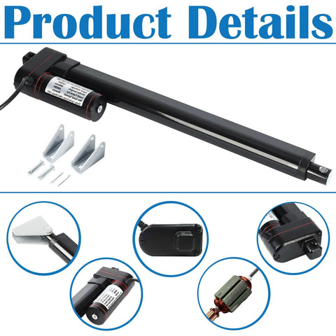 Side view of a black 10-inch electric linear actuator with mounting brackets and screws.