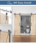 Double Sliding Barn Door Hardware Track Kit With Industrial Spoke Wheel Handle, Wall Mount Black Finish, 96 Inch Track shown installed