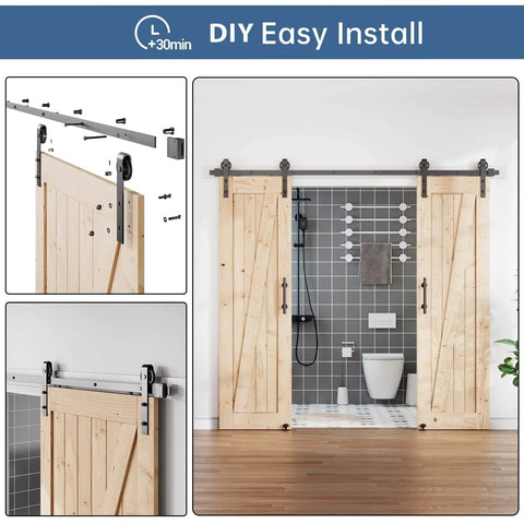 Double Sliding Barn Door Hardware Track Kit With Industrial Spoke Wheel Handle, Wall Mount Black Finish, 96 Inch Track shown installed