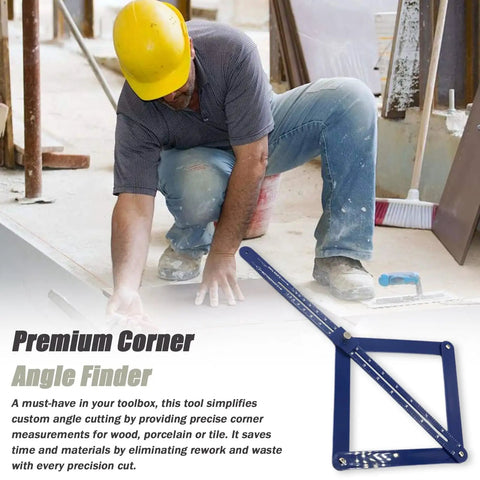 Dead On Corner Angle Finder Tool, Miter Saw Protractor With Bold Dual Scale Readouts, Digital Angle Gauge in use for precise measurements.