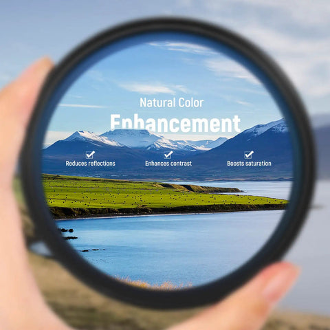 67mm Circular Polarizing Filter With 30 Layer Nano Coatings showing enhanced landscape colors and reduced glare.
