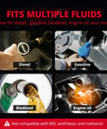 Diagram showing fuel hose compatibility with diesel, gasoline, biodiesel, and engine oil, not E85 or methanol.