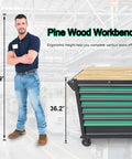 Heavy Duty Mobile Tool Cabinet With Wood Top Workbench And Seven Smooth Gliding Drawers Lockable Storage Drawer Brake Caster Black Metal Frame With Double Shelves For Garage Workshop Or Outdoor Use, side view with dimensions.