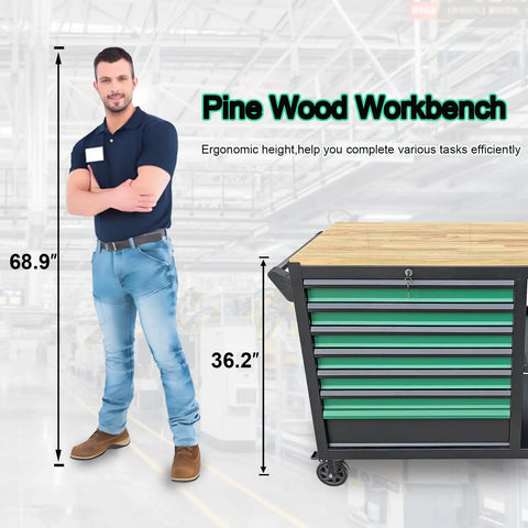 Heavy Duty Mobile Tool Cabinet With Wood Top Workbench And Seven Smooth Gliding Drawers Lockable Storage Drawer Brake Caster Black Metal Frame With Double Shelves For Garage Workshop Or Outdoor Use, side view with dimensions.