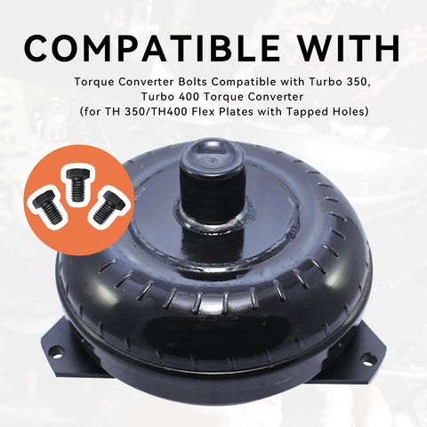 Torque Converter Bolts 3/8-16 By 5/8 Inch Pack Of 3 For TH350 TH400 Flex Plates, black steel bolts shown with torque converter