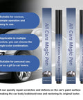 Scratch Removal Pen 2 Pack, Quick Fix For Scratches And Paint Damage, Weatherproof Car Scratch Repair Pen That Blends With Any Color, No Sweat Easy To Use, Durable Finish For All Car Finishes packaging with car image.