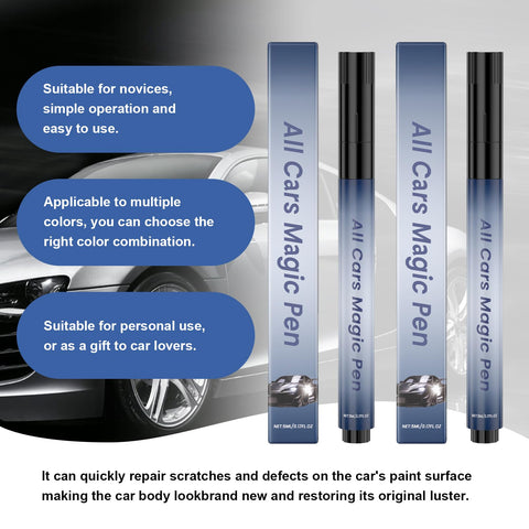 Scratch Removal Pen 2 Pack, Quick Fix For Scratches And Paint Damage, Weatherproof Car Scratch Repair Pen That Blends With Any Color, No Sweat Easy To Use, Durable Finish For All Car Finishes packaging with car image.