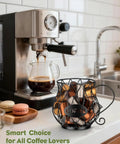 K Cup Holder With Ice Tongs And Large Capacity Coffee Pod Organizer For 10 To 30 Pods Metal Wire K Cup Stand next to espresso machine