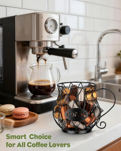 K Cup Holder With Ice Tongs And Large Capacity Coffee Pod Organizer For 10 To 30 Pods Metal Wire K Cup Stand next to espresso machine