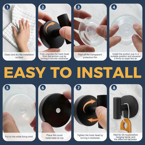 Installation steps for Heavy Duty Suction Hooks That Hold Firm On Glass Tile And Mirror Removable Shower Hangers With Rock Solid Vacuum Grip Easy Mount Metal Bathroom Towel Rack Four Pack Black.