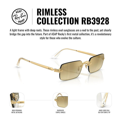 ASAP Rocky RB3928 Slim Rimless Metal Rectangular Sunglasses In Gold And Dark Green 54mm Frames Modern Design