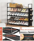 Five Tier Shoe Organizer Rack for Closet, Entryway or Garage, space-saving black rack with shoes and storage features highlighted.