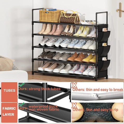 Five Tier Shoe Organizer Rack for Closet, Entryway or Garage, space-saving black rack with shoes and storage features highlighted.