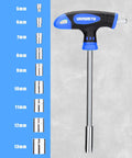Magnetic T-handle driver with 9 different sockets for 120 Piece Magnetic Screwdriver Set With Sockets Slotted Phillips Hex Torx And Precision Drivers For Home Repair And DIY Projects Built For Everyday Pro Grade Use In The Home Or Garage