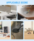 Set Of Two Bronze Desk Grommets Straight Up Sturdy Zinc Alloy Cable Management Covers installed in various desk setups.
