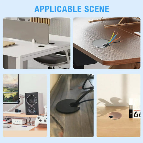 Set Of Two Bronze Desk Grommets Straight Up Sturdy Zinc Alloy Cable Management Covers installed in various desk setups.
