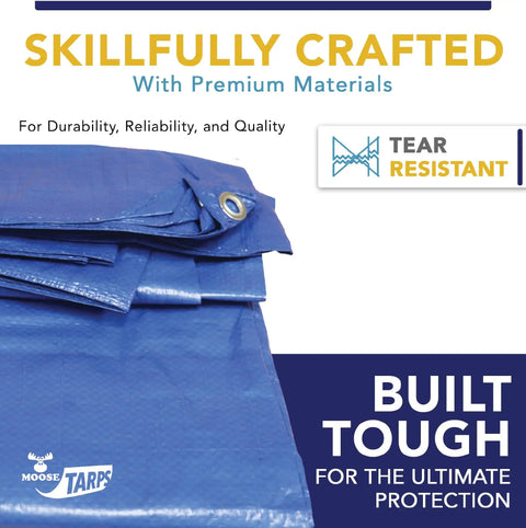 Stack of Medium Duty 40 By 40 Foot Water Resistant Tarp With 5 Mil Thickness Reversible Blue And Silver Tough As Nails