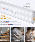 Close-up of LED closet light with motion sensor showcasing 3 cycle mode switch, part of Five Pack USB Rechargeable LED Closet Lights With Motion Sensor And Remote, Go-To Dimmable Under Cabinet Lighting, Stick Anywhere Night Light Bar For Wardrobe And Kitchen, Wireless 20 LEDs.