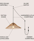 Brown Farmhouse Coastal One Light LED Pendant With Rattan Cone Shade, Plug In Or Hardwired Swag Lamp for Kitchen Island Dining Room