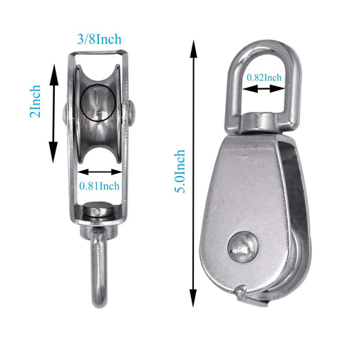 Two Pack M50 Snatch Block Pulley Kit For Kayaks Beefy Heavy Duty 304 Stainless Steel Lifting Swivel Hook Three Eighths To One Half Inch Rope Two Inch Sheave With Eight Hundred Pounds WLL, 2-inch pulley dimensions