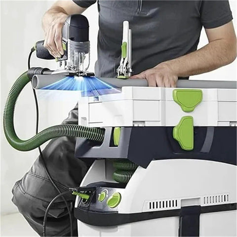 Ultra-Flexible Dust Extractor Hose D27/32mm Compatible With Festool Systems used with a track saw in a workshop.