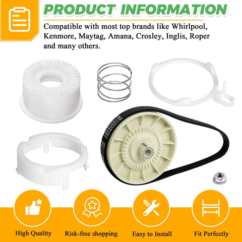 Washer pulley clutch kit and drive belt with white pulley, spring, and clamps for Whirlpool/Kenmore/Maytag washers.