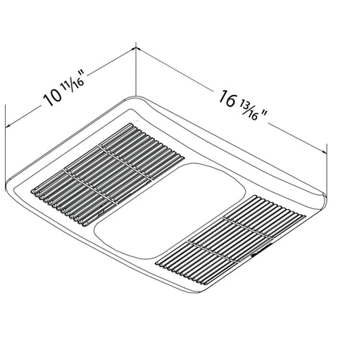 Diagram of Bathroom Exhaust Fan With Light, Heater And Thermostat, Radiance 80 CFM White, showing dimensions and vents