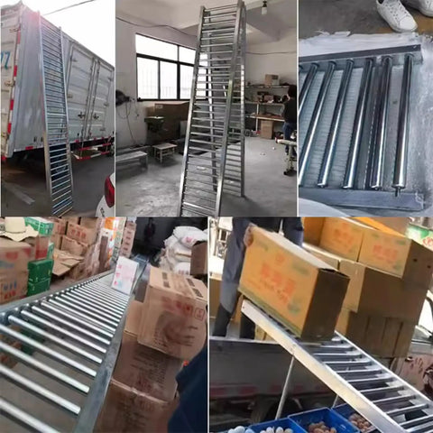 Galvanized Steel Roller Conveyor System For Unpowered Freight Handling With Extra Unloading Pulley And Slides, 40x500 Cm Flow Rack For Heavy Duty Haul And Smooth Movement installed with boxes and trucks