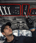 Mechanic using Three Piece Pro Magnetic Tool Mat Set With Pickup Tool Telescoping Magnetic Inspection Mirror Flexible PVC Pad