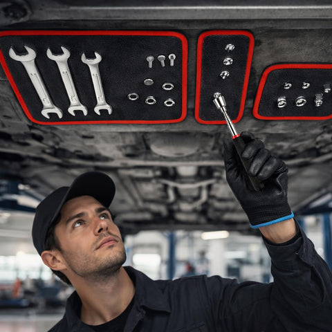 Mechanic using Three Piece Pro Magnetic Tool Mat Set With Pickup Tool Telescoping Magnetic Inspection Mirror Flexible PVC Pad
