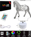 Lit 3D Horse Night Light For Kids With Remote And Smart Touch Control, includes lamp, remote, USB cable, dimensions shown