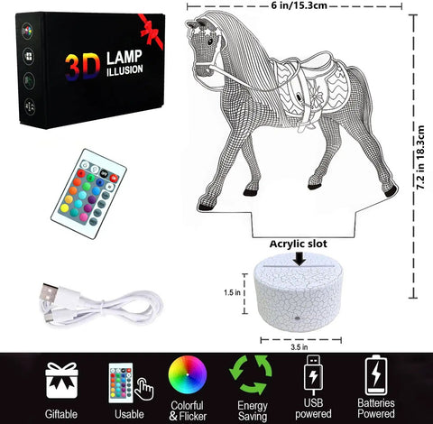 Lit 3D Horse Night Light For Kids With Remote And Smart Touch Control, includes lamp, remote, USB cable, dimensions shown