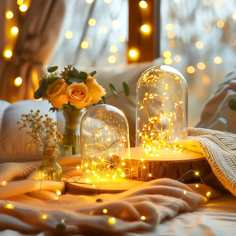 Warm White Plug In Fairy Lights 33Ft 100 LED Silver Wire Firefly String Lights With Adapter enhancing cozy indoor decor