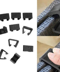 Easy Install Chair Fastener Clips For Outdoor Rattan Furniture; ABS plastic clamps shown stabilizing sectional sofa on patio.