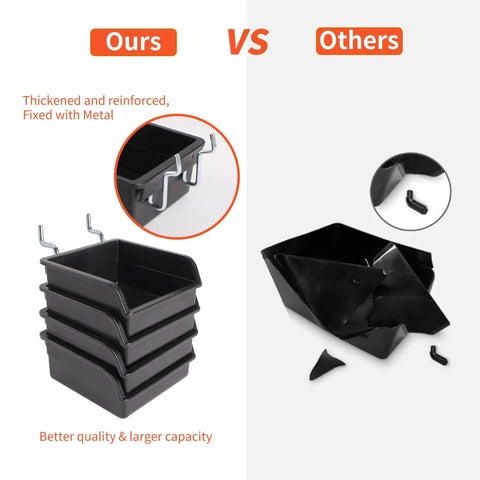 Comparison of pegboard storage bins; our thickened, reinforced metal-fixed bins versus others' broken plastic bins.