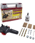 Self Centering Dowel Jig Kit For Woodworking with metal bushings, drill bits, wood glue, and accessories for precise joints.