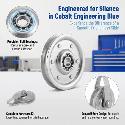 Heavy Duty Garage Door Pulley Kit With 3 Inch Sheave Wheels Two Clevis Fork Pulleys And Two Stationary Sheaves Crafted From Rock Solid Galvanized Steel showing precision ball bearing wheel.