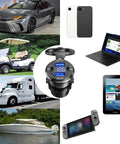Dual PD USB C And Quick Charge 3.0 Car Charger Socket, aluminum alloy, mounted in vehicles, displays voltage readout.